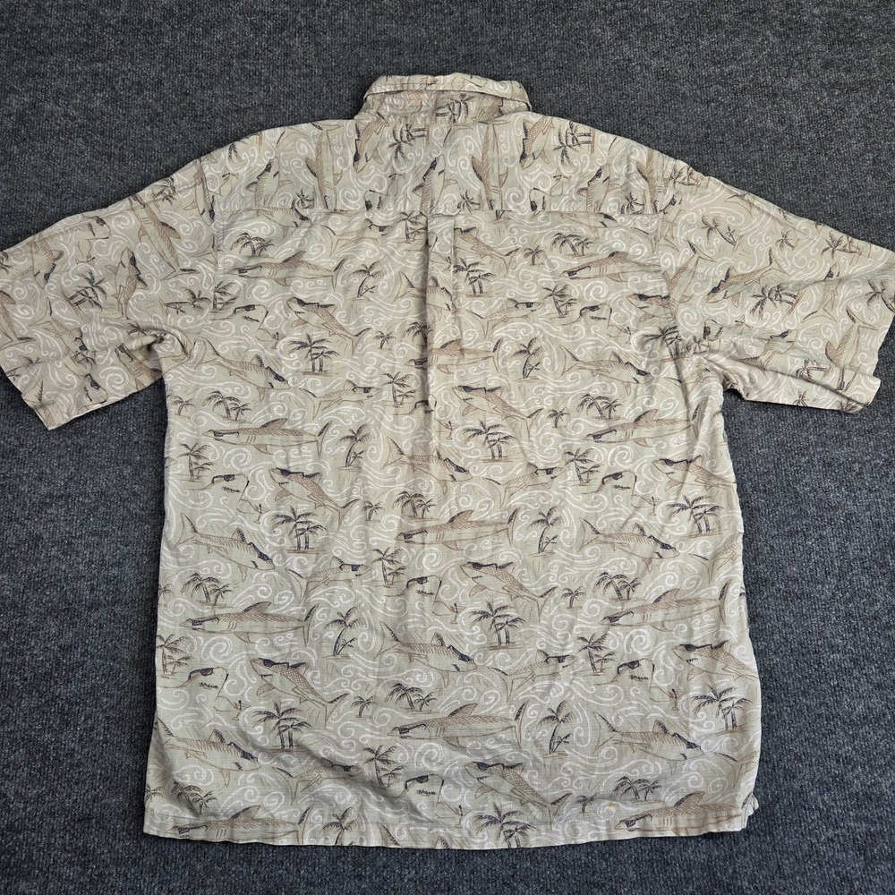Columbia Mens Hawaiian 100% Cotton Large Short Sleeve Shirt Beige Cool Sharks - Picture 5 of 12
